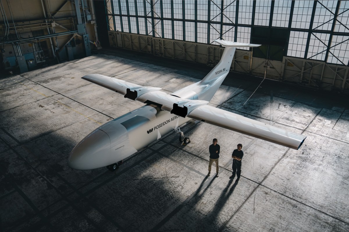 Poseidon Aerospace Egret aircraft in a hangar